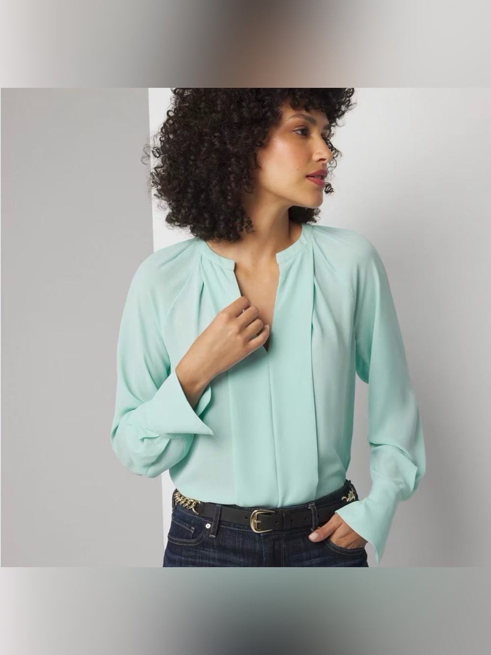 White House Black Market Light Mint Long-Sleeve Pleated Women's Blouse XS